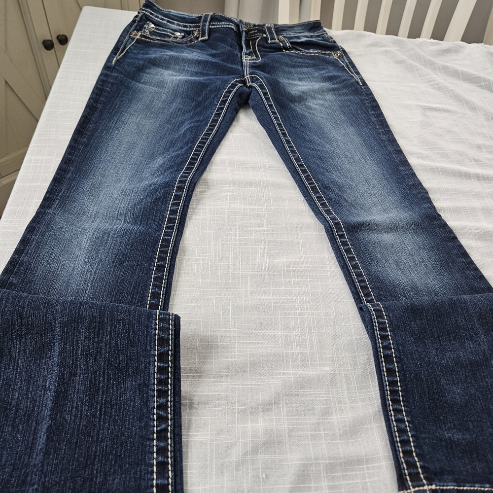 Miss Me Boot Cut Jeans - Indigo with White Accents Used Like New Size 28 In. 32.